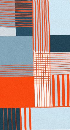 an orange and blue abstract painting with vertical lines on it's sides, in various shades