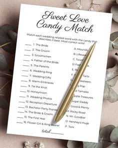 the sweet love candy match game is on top of some leaves and paper with a pen