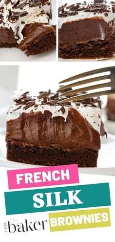 there is a piece of cake with chocolate frosting on it and the words french silk are