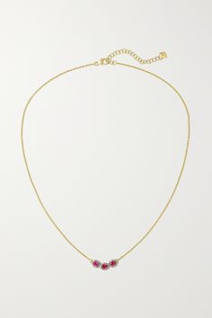 Each of Amrapali's pieces is handcrafted by skilled artisans at the label's Jaipur, India workshop. This necklace is cast from 14-karat gold and strung with three rubies surrounded by sparkling diamonds in rhodium-plated settings.  Adjust the chain to your ideal length. Fine Jewelry Gold-plated Hand Set Necklaces, Luxury 22k Gold Gemstone Necklace, Hand-set Yellow Gold-plated Necklace, Hand Set Yellow Gold Plated Necklace, Festive Yellow Gold Jewelry With Delicate Chain, Festive Yellow Gold Ruby Necklaces, Festive Yellow Gold Ruby Necklace, 22k Gold Jewelry With Adjustable Chain For Formal Occasions, Luxury Ruby Necklace For Celebration