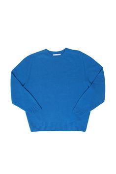 100% Wool sweater Ribbed neckline, hem, and cuff Classic Wool Crew Neck Sweater, Classic Wool Crew Sweater, Classic Crew Neck Wool Sweater, Blue Cashmere Sweater With Ribbed Collar, Classic Blue Cashmere Tops, Blue Casual Cashmere Tops, Blue Cashmere Tops For Work, Casual Blue Cashmere Top, Blue Knit Polo Sweater With Ribbed Collar