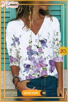 Cotton Casual Regular Fit Long Sleeve Tops Casual V-neck Top With Butterfly Print, Casual V-neck Butterfly Print Tops, Non-stretch Graphic Print Tops For Spring, White Butterfly Print Top For Fall, Spring Long-sleeve Tops With Butterfly Print, Spring Long Sleeve Tops With Butterfly Print, Spring Butterfly Print Long Sleeve Tops, Long Sleeve Tops With Butterfly Print For Fall, Fitted Blouses