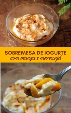 some food is in a glass bowl and on a spoon with the words sobremesa de iguarite