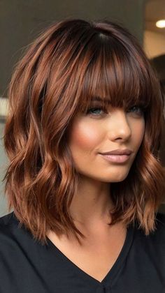 #shorthaircut #hairinspo #hairgoals #pixiecut #bobhaircut #shorthairstyles #hairtrends #hairtransformation #shorthairdontcare #chopitoff #newlook #haircutideas #shorthairlove #hairchop #freshcut Brownish Red Hair Color Caramel Balayage, Short Dark Brown Hair With Copper Highlights, Copper Brown Hair Blue Eyes, Dark Copper Hair With Bangs, Fall Hair For Short Hair, Fall Hair Color Ideas 2024, Dark Brown Copper Balayage, Dark Fall Hair Color For Brunettes 2024, Cowboy Copper Bob