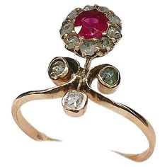 Antique 14k gold ring in unuswal flower designe centered with 1 natural ruby pegion blood colour with a diameter of 5mm flanked with rose cut diamonds hall marked 56 imperial russian gold standard and import mark Rose Cut Ring, Diamond Gold Ring, Antique Roses, Ruby Rose, 14k Gold Ring, Gold Diamond Rings, Natural Ruby, Rose Cut Diamond, Ring Ring