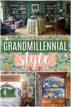 examples of grandmillennial style home decor including wallpapered china cabinent, grandmillennial bedroom and green grandmillenial library Grandmillenial Decor Style, Grande Millenial Style, Gran Millenial Style, Grand Millennial Interior Design, Granny Millenial Decor, Granny Chic Decor Vintage Homes, Grandmillennial Style Bedroom, Millennial Grandma Decor, Southern Grandmillenial Style