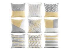 six pillows with different designs on them in yellow, grey and white colors are shown