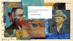 a collage of paintings with words written on them