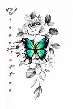 a butterfly and flowers tattoo design on the back of a woman's shoulder,