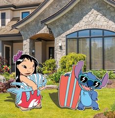 two cartoon characters standing in front of a house