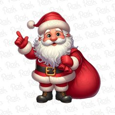 a cartoon santa clause is giving the thumbs up and holding his hand in one direction