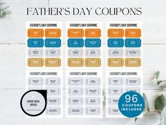 the father's day coupons are displayed on a white table with eucalyptus leaves