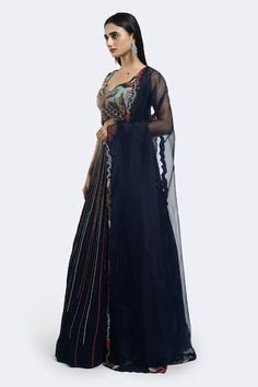 Navy blue lehenga with cutdana stripe embellishments, elevated with abstract pattern waistband. Paired with a blouse with abstract cutdana embroidery and cutwork border dupatta. - Aza Fashions Navy Blue Lehenga, Cutdana Embroidery, Lehenga And Blouse, Blue Lehenga, Sonakshi Sinha, Kareena Kapoor Khan, Madhuri Dixit, Jacqueline Fernandez, Shraddha Kapoor