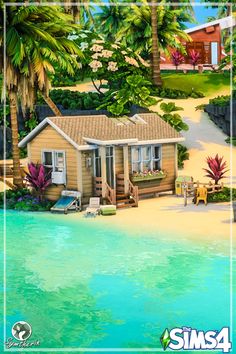 a painting of a small house on the beach with palm trees and water in front