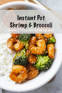 a white bowl filled with shrimp and broccoli on top of rice next to chopsticks