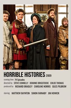 the poster for horrible historicals starring actors in period costumes, including two men and one woman