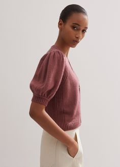 Merino Cashmere Silk Lofty Cardigan | ME+EM Pink Winter Tops For Daywear, Pink Winter Daywear Tops, Pink Tops For Winter Daywear, Pink Pointelle Knit Top For Layering, Feminine Short Sleeve Knit Top For Fall, Cardigan Short, Ankle Sleeve, Lace Trim Cami, Plain Tees