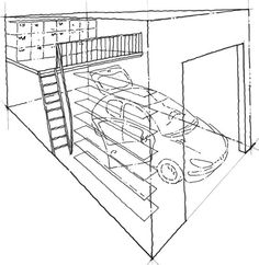 a drawing of a car in a garage with stairs to the top and bottom floor