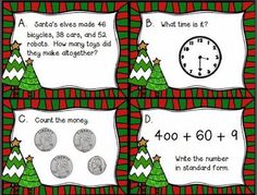 christmas themed task cards for rounding the time and counting coins to be given in standard form