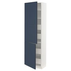 a tall white and blue cabinet with shelves