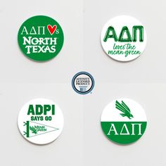 four badges with different slogans on them