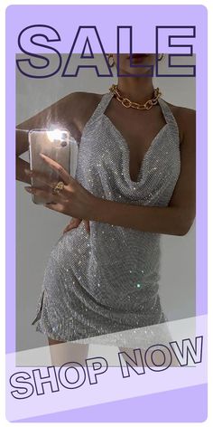 Silver Fashion Sexy Rhinestone Backless Halter Sleeveless Dress Glamorous Sleeveless Club Dress, Elegant Sparkling Sleeveless Mini Dress, Glamorous Sequin Rhinestone Dress For Summer, Glamorous Sequin Dress With Rhinestones For Summer, Glamorous Sleeveless Sequin Club Dress, Elegant Sleeveless Sparkling Mini Dress, Glamorous Sleeveless Sequin Dress For Club, Sleeveless Sequin Dress For Club Parties, Glamorous Summer Sequin Dress With Rhinestones