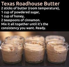 four jars filled with sugar sitting on top of a table next to each other and the words texas roadhouse butter