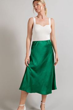 Classic satin fabric midi skirt with a side slit. Work Holiday Party, Work Parties, Satin Midi Skirt, Work Party, Black Midi Skirt, Donate To Charity, Staple Pieces, Kelly Green, Fall Wardrobe