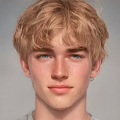 a young man with blonde hair and blue eyes looks at the camera while wearing a gray shirt