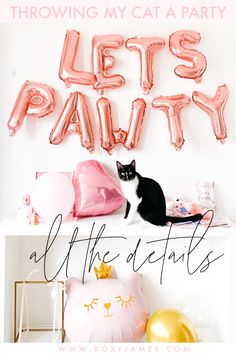 a black and white cat sitting on top of a table next to balloons that read let's party all the details