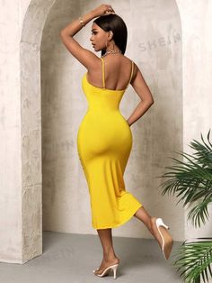 SHEIN Slayr Women's Fashionable Slim Fit Split Hem Cami Dress, Summer | SHEIN USA Yellow Midi Length Casual Bodycon Dress, Casual Yellow Midi Bodycon Dress, Yellow Bodycon Dress With Spaghetti Straps, Cheap Yellow Sleeveless Bodycon Dress, Yellow One-shoulder Stretch Bodycon Dress, Women Long Dresses, Split Hem, Dress Summer, Long Dresses