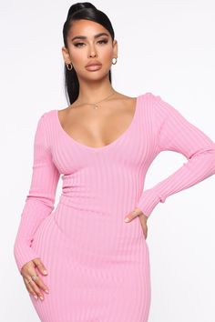 Available In Black, Red, Pink, Blue And Taupe Ribbed Dress V Neckline Ankle Length Long Sleeve Knit 70% Rayon 30% Nylon Imported | Kallan Knit Dress in Pink size 1X by Fashion Nova Kallan Knit Dress, Boujee Outfits, Dresses Fashion Nova, Ribbed Dress, Review Fashion, Ribbed Dresses, Curve Dresses, Knit Midi, Knit Midi Dress