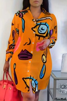 Olivia Mark - Elegant Plus Size Graphic Print Dress Shirt Long Sleeve Collared Dress, Sukienki Plus Size, Elegant Midi Dresses, Vestido Plus Size, Dress Women Elegant, Mini Robes, Dress Shirt Sleeves, Skirt Mini, Printed Shirt Dress