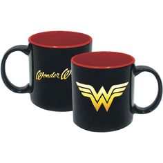 two black and red mugs with wonder logo on the sides, one has an orange rim