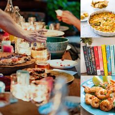 there are many different pictures of food on the table and in front of each other