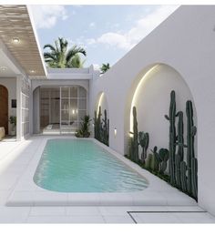 an indoor swimming pool surrounded by greenery next to a white building with cactus plants