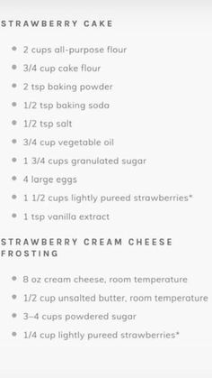 the recipe for strawberry cake is shown in white and has four ingredients to choose from