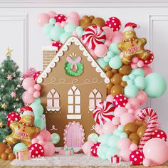 a gingerbread house surrounded by balloons and christmas decorations