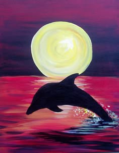 a painting of a dolphin jumping out of the water with a full moon in the background