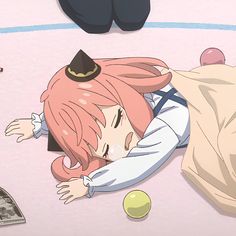 an anime character laying on the ground with her head down and hands behind her back