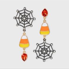 Baublebar Sugarfix Spider Web Candy Corn Dangle Earrings Halloween Or Fall Yellow Novelty Jewelry For Party, Halloween Cut Outs, Corn Earrings, Candy Corn Earrings, Halloween Skeleton Hand, Halloween Moon, Matching Halloween, Earrings Halloween, Jewelry Lookbook