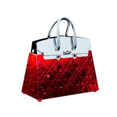 a red and white handbag is shown against a white background with the handle extended