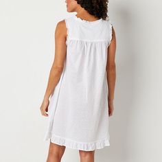 Get cozy and comfortable in this Adonna women's ruffled sleeveless nightgown. Cut in a knee-length from 100% cotton-poplin, this printed nightdress has a scoop neckline and button-front closures.Closure Type: Pullover HeadNeckline: Scoop NeckSleeve Length: SleevelessApparel Length: 38 InchesFiber Content: 100% CottonFabric Description: WovenCare: Tumble Dry, Machine WashCountry of Origin: Imported Cotton Ruffled Sleepwear For Bedtime, Sleeveless Ruffled Dress For Sleepover, White Ruffled Sleepwear For Loungewear, Cotton Ruffle Nightgown For Sleepover, Cotton Ruffled Nightgown For Sleepover, Summer Lounge Nightgown With Ruffles, Summer Loungewear Nightgown With Ruffles, White Ruffled Nightgown For Sleepover, Cotton Ruffled Nightgown For Bedtime