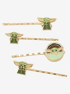 three star wars baby yoda brooch pins, one with the child's face on