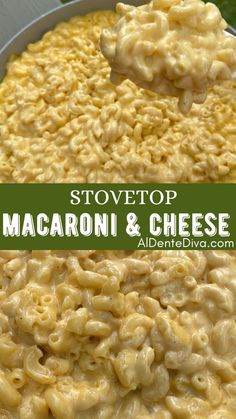 macaroni and cheese in a white bowl with a spoon on top that has the words stovetop macaroni and cheese above it