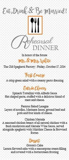 an orange and white menu for a dinner with utensils on the side,