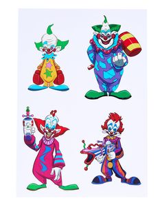 four cartoon clowns with different costumes and hair colors are shown in this drawing by person