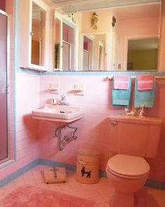 a bathroom with pink walls and flooring is pictured in this image, there are towels hanging on the wall next to the toilet