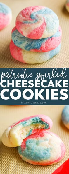 patriotic swirled cheesecake cookies are stacked on top of each other