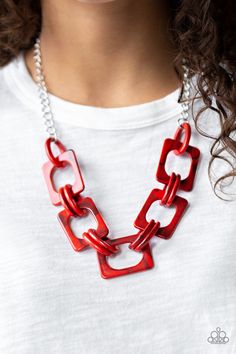 Suspended from a shimmery silver chain, a collision of round and square red acrylic links connect below the collar in a statement-making fashion. Features an adjustable clasp closure. Sold as one individual necklace. Includes one pair of matching earrings. P2ST-RDXX-059XX Paparazzi Accessories Jewelry, Red Necklace, Paparazzi Accessories, Paparazzi Jewelry, Turn Up, Circle Earrings, Silver Chain Necklace, Necklace Earring Set, Matching Earrings